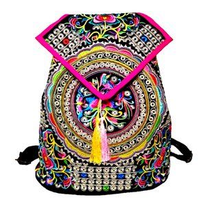 Embroidery Black Backpack Red Blue Boho Geometric Shapes FloralBird Shoulder Bag